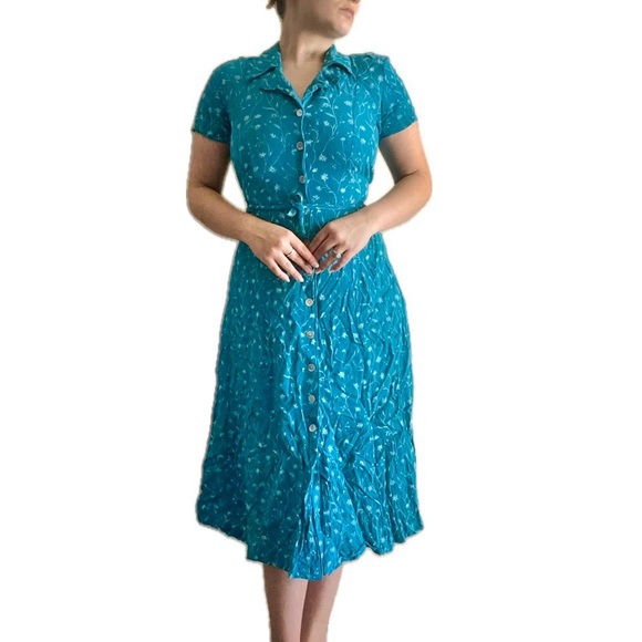 Vintage Coldwater Creek Blue Floral Print Collared Button Up Sundress Midi Dress - Picture 2 of 12